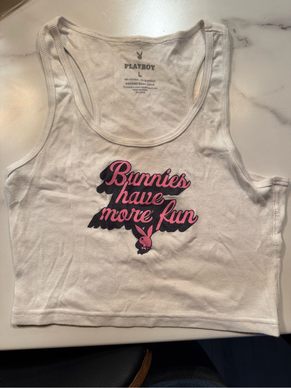 PLAYBOY White Ribbed Crop Tank with Pink & Black Graphic